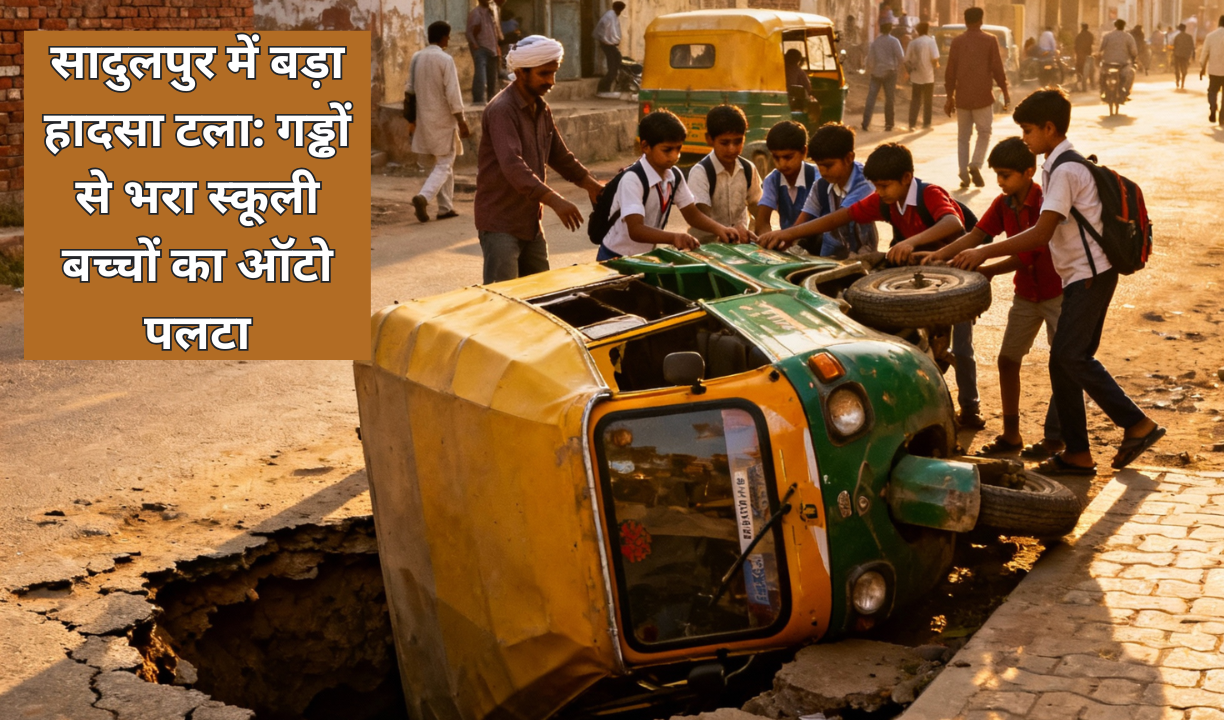 सादुलपुर में बड़ा हादसा टला: गड्ढों से भरा स्कूली बच्चों का ऑटो पलटा
